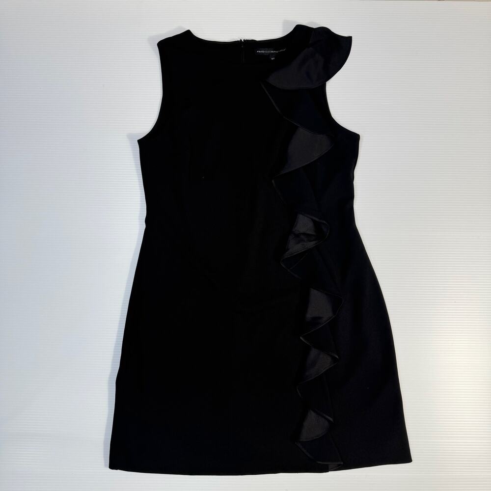 White House Black Market Black Ruffle Sheath Dress Medium Petite MP Cocktail LBD - Picture 13 of 16